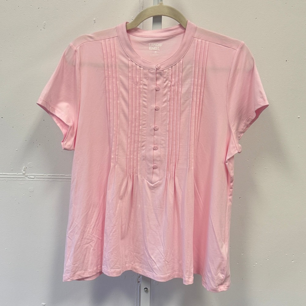 NWT Lands' End‎ Pink Pintuck Henley Short Sleeve Cotton Modal Top Medium 10-12